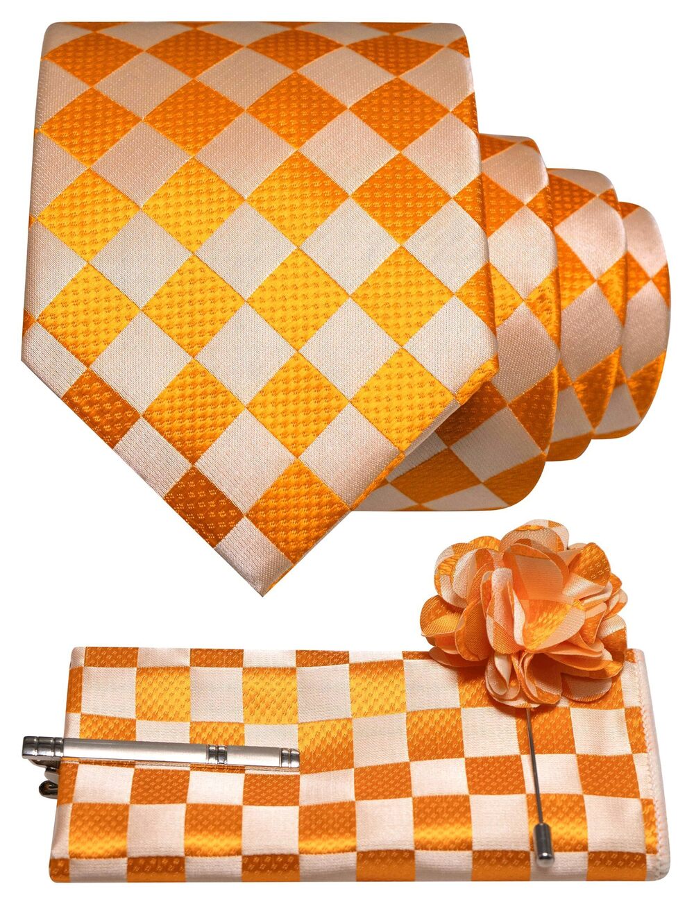 7349 Orange Plaid Tie and Lapel Pin Necktie Pocket Square with Tie Clip